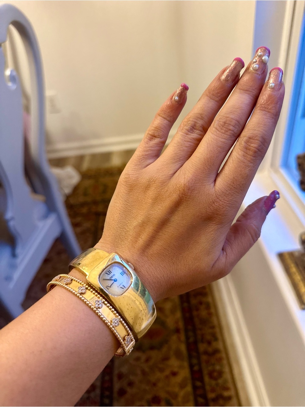 Vintage Gold Tone Cuff Watch Bracelet with Rhinestone Chain